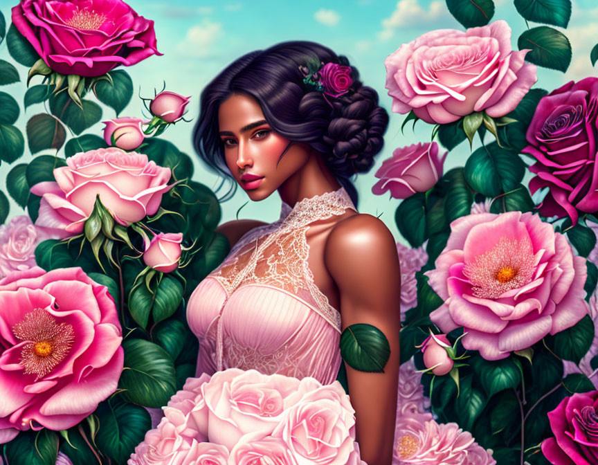 Woman in Pink Dress Surrounded by Pink Roses and Floral Backdrop