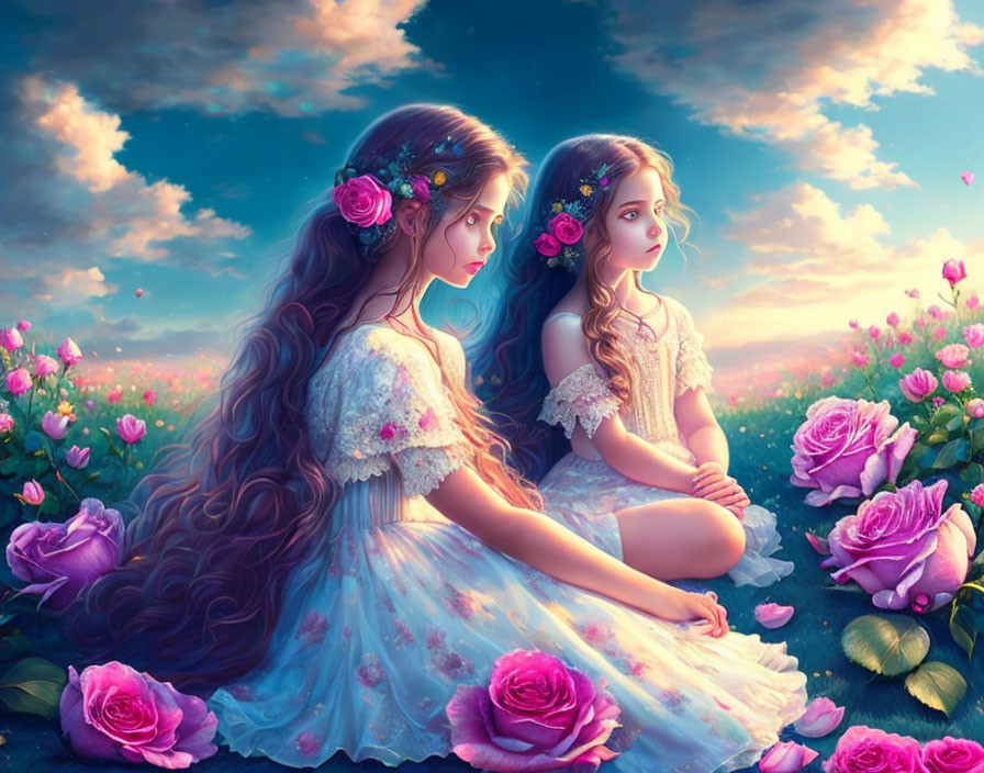 Illustrated girls with long hair in rose garden at sunset