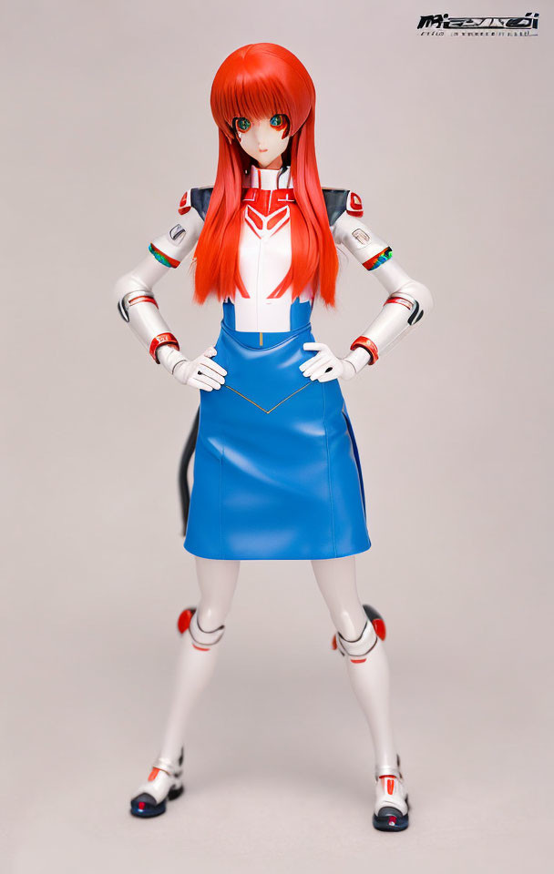 Anime female character with red hair, white top, blue skirt, and white boots