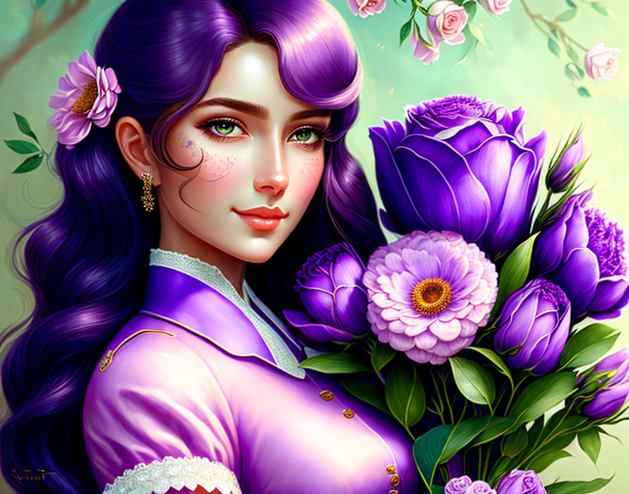 Digital illustration: Woman with purple hair and green eyes in lilac dress, surrounded by vivid flowers