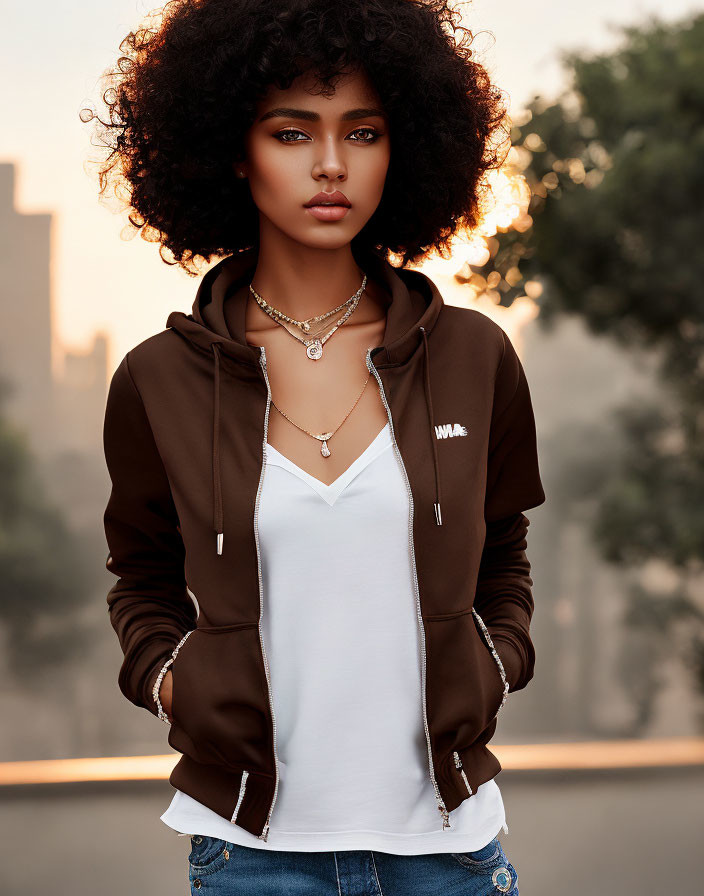 Curly-haired woman in white tank top and hoodie outdoors at dusk