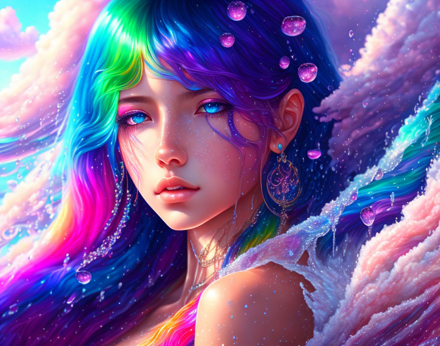 Colorful digital artwork of a woman with rainbow hair and jewels in mystical setting