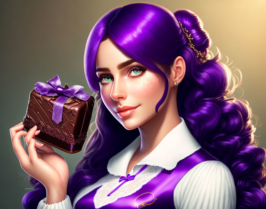 Illustrated woman with purple hair holding chocolate cake gift in white and purple outfit