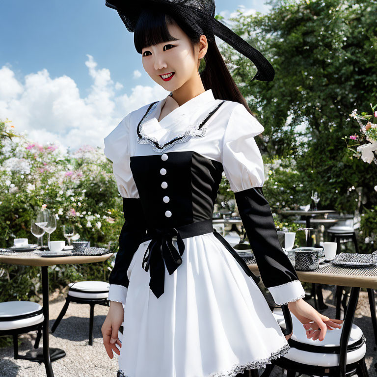 Person in Black and White Maid Costume in Sunny Café Setting