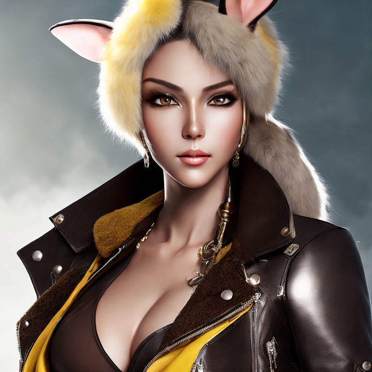 Digital artwork of woman with fox ears in leather jacket