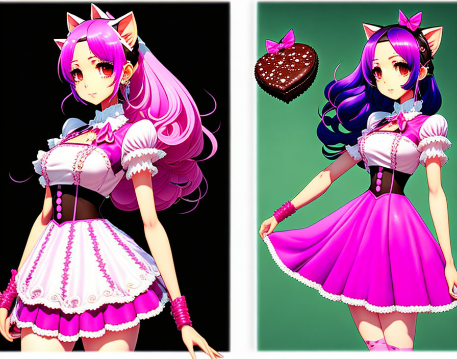 Animated character with purple hair in two poses wearing a pink maid outfit and cat ears, holding a heart