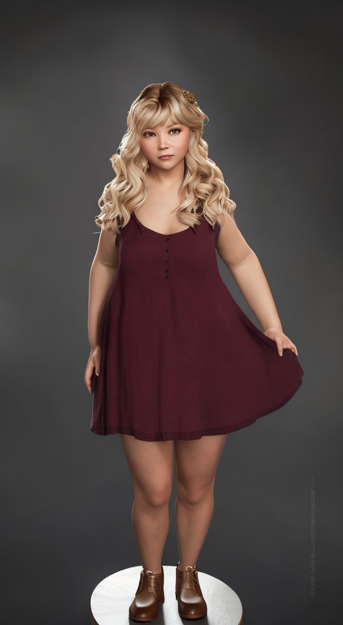 Blonde Curly-Haired Person in Maroon Dress and Brown Boots on White Platform