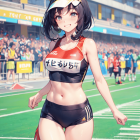 Female athlete in sports bra and shorts on field with spectators and stadium.