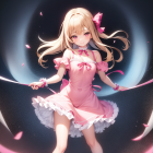 Blond-Haired Girl in Pink Dress Surrounded by Cosmic Elements