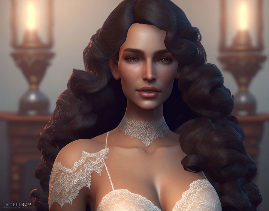 Detailed digital portrait of woman with curled hair and lace dress.