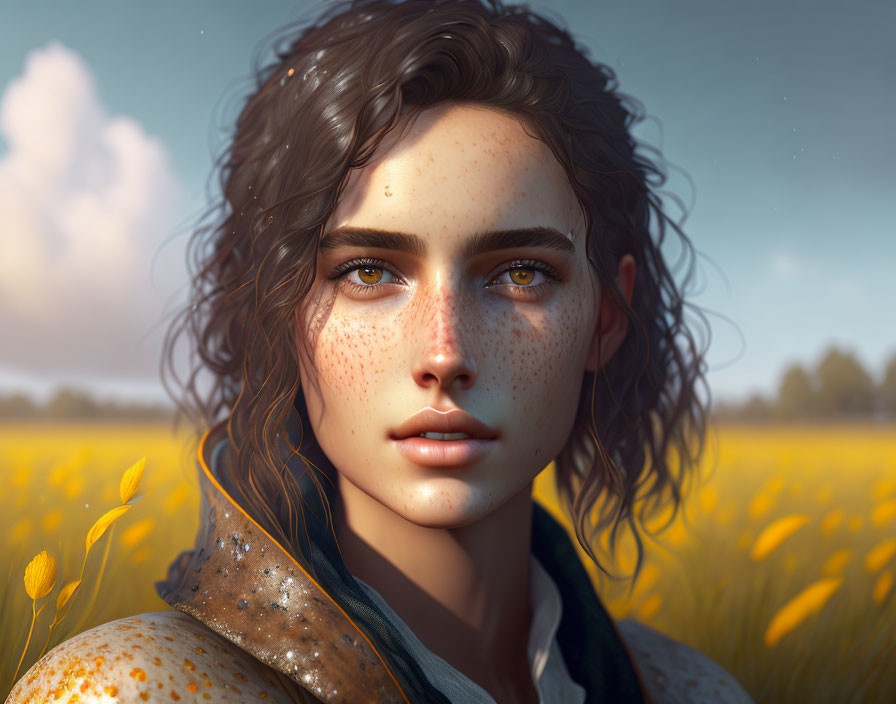 Digital portrait: Young woman with freckles, wavy brown hair in sunlit field