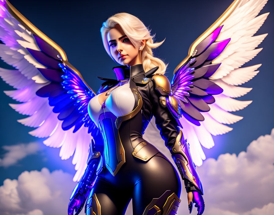 Stylized 3D illustration of female character with artificial wings in futuristic armor against blue sky.