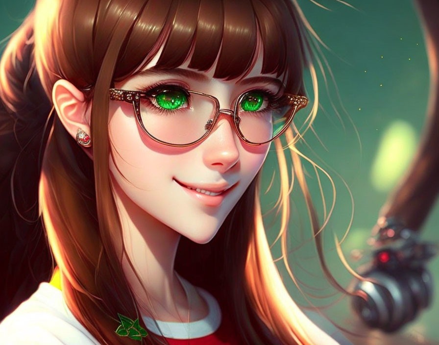 Smiling animated girl with green eyes and star earrings on warm background