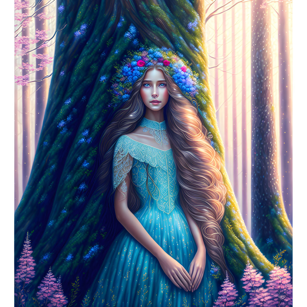 Digital art portrait of woman with long hair, flowers, blue lace dress in magical forest