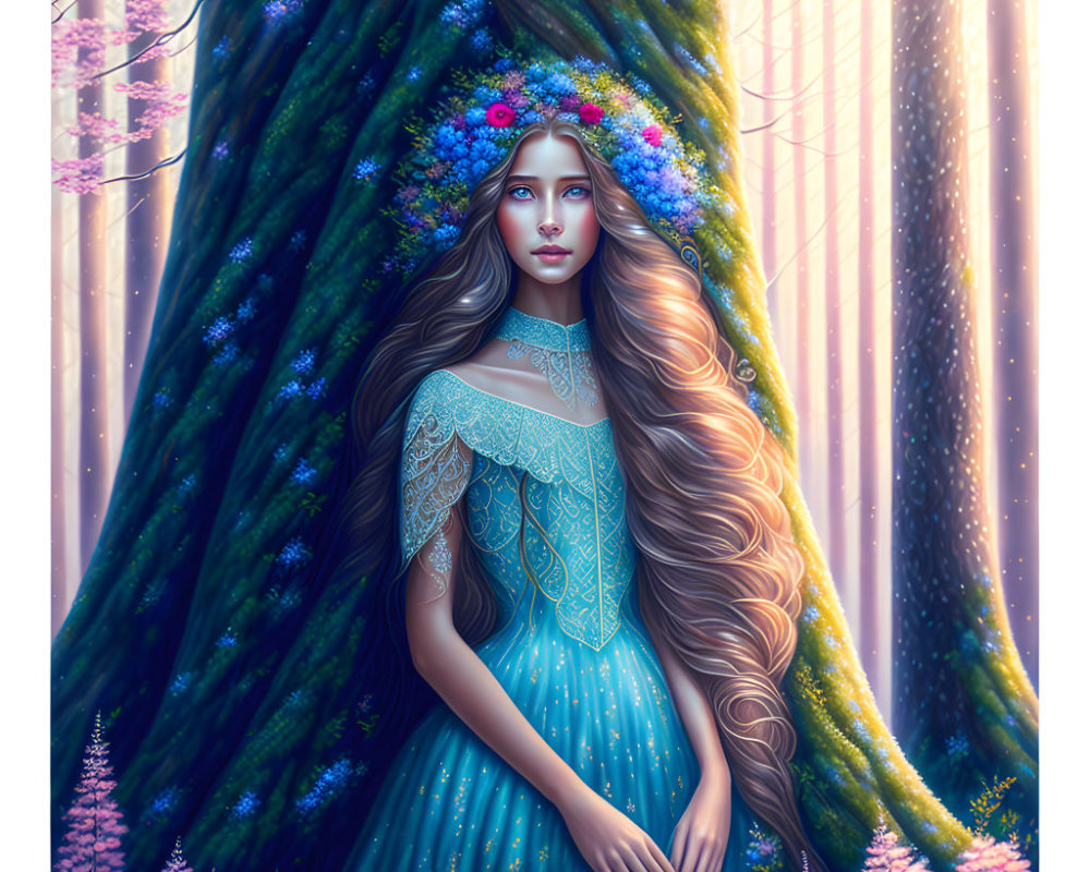 Digital art portrait of woman with long hair, flowers, blue lace dress in magical forest