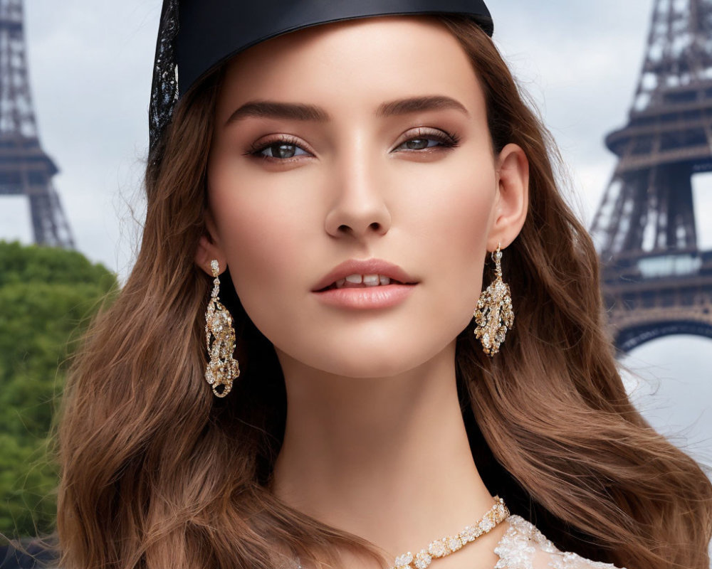 Stylish woman with headband and jewelry near Eiffel Tower