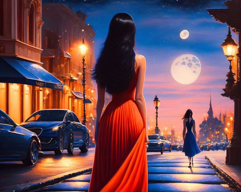 Woman in red dress gazes at another woman on city street under dual moons