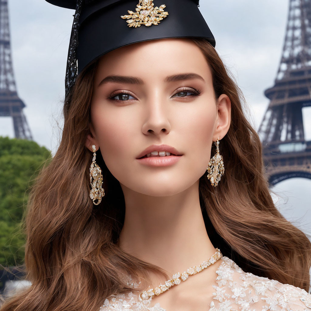 Stylish woman with headband and jewelry near Eiffel Tower