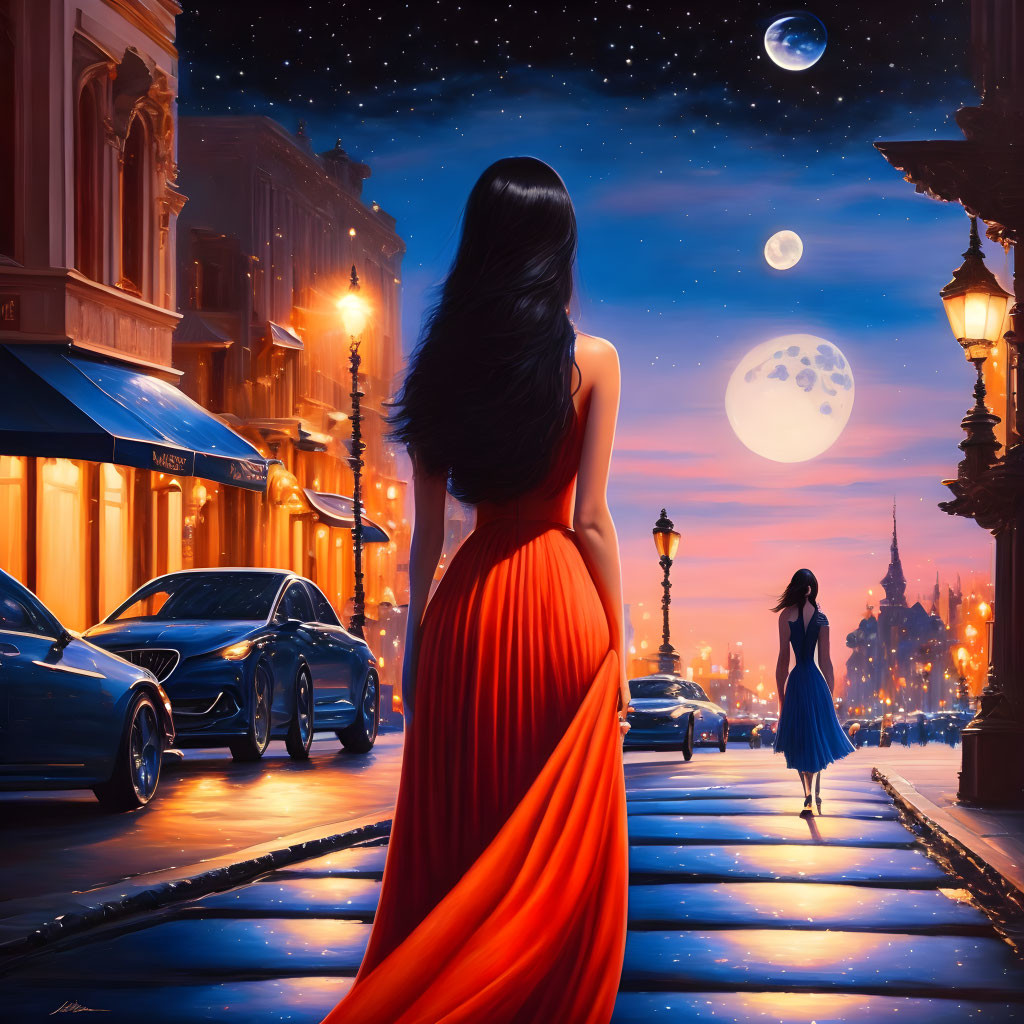 Woman in red dress gazes at another woman on city street under dual moons