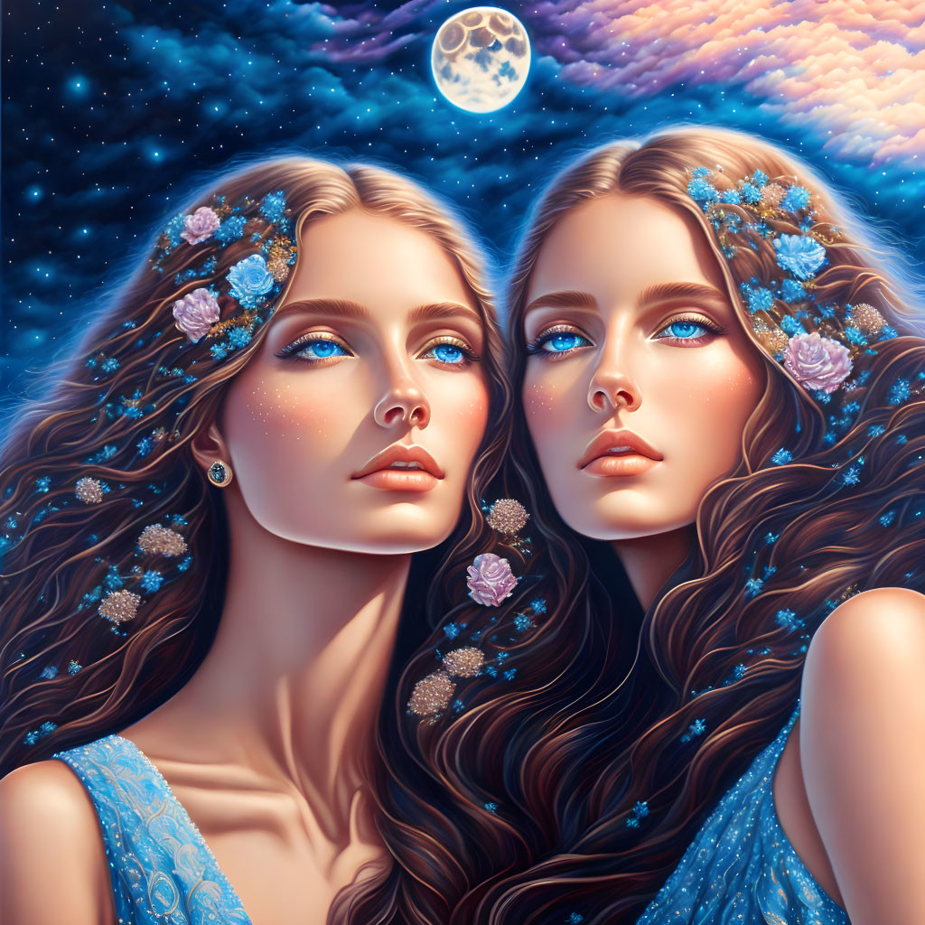 Two women with cosmic hair and flower adornments under a full moon