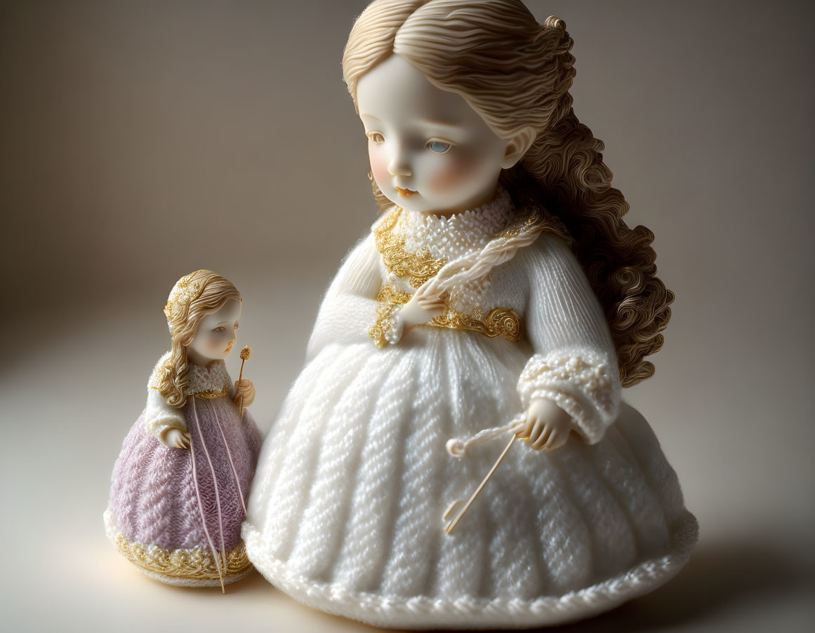 Porcelain dolls with intricate dresses and detailed hairstyles in soft light