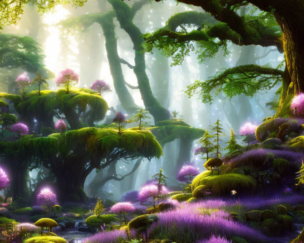 Serene enchanted forest with sunbeams, purple flowers, and moss-covered ground