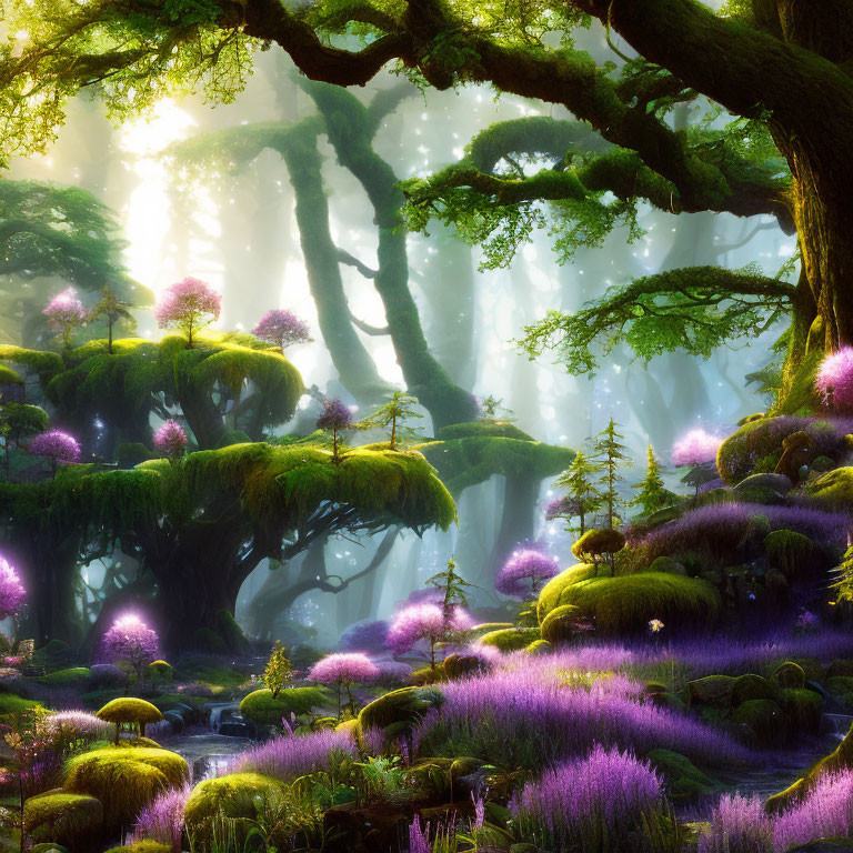 Serene enchanted forest with sunbeams, purple flowers, and moss-covered ground