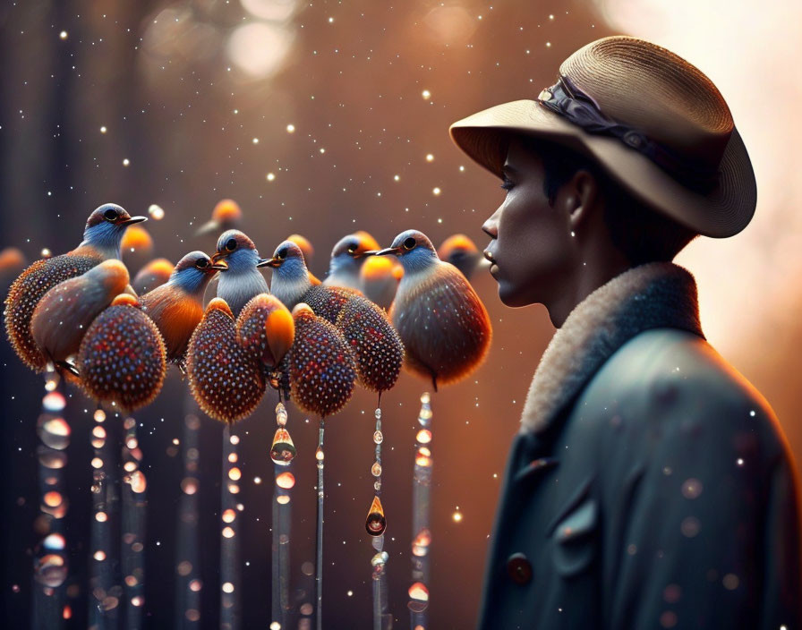 Vintage Hat Woman with Colorful Birds in Dreamy Setting