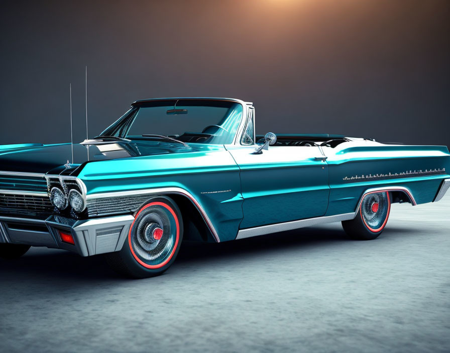 Vintage Turquoise Convertible with White Sidewall Tires and Tailfins on Gray Background