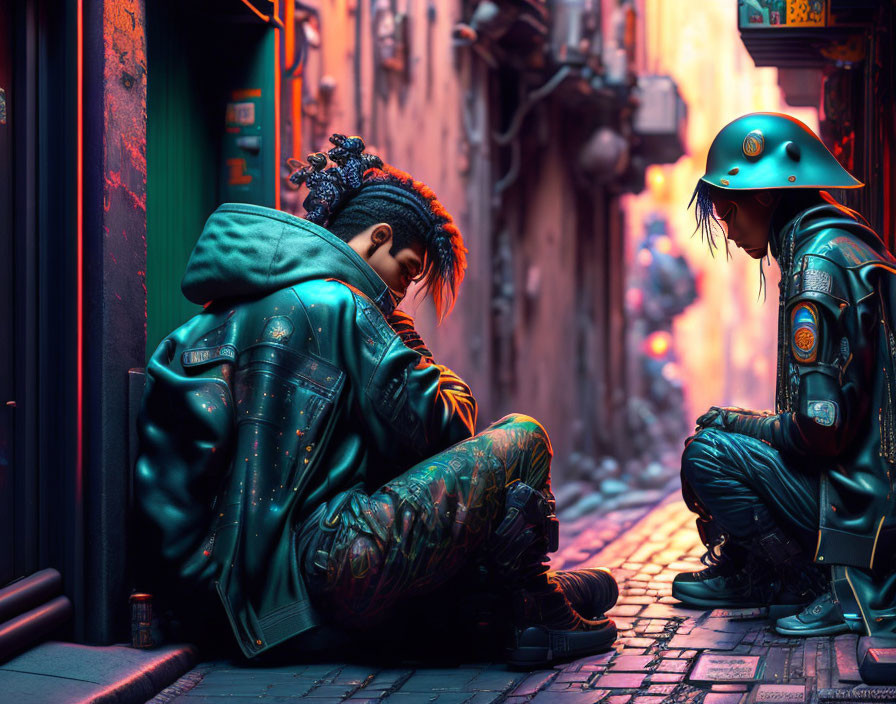 Futuristic attired individuals in solemn conversation in neon-lit alleyway