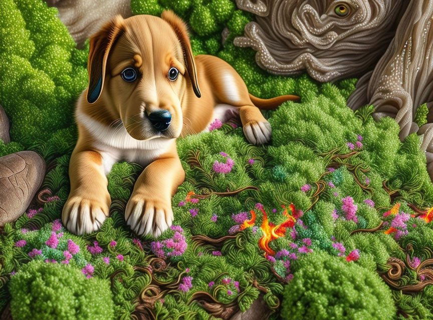 Digital artwork of lifelike cartoon puppy in vibrant, whimsical setting