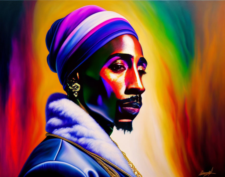 Colorful digital portrait of a man with turban, beard, and gold jewelry