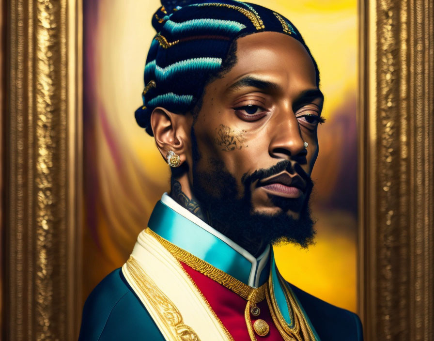 Regal man digital artwork with blue turban and golden earring