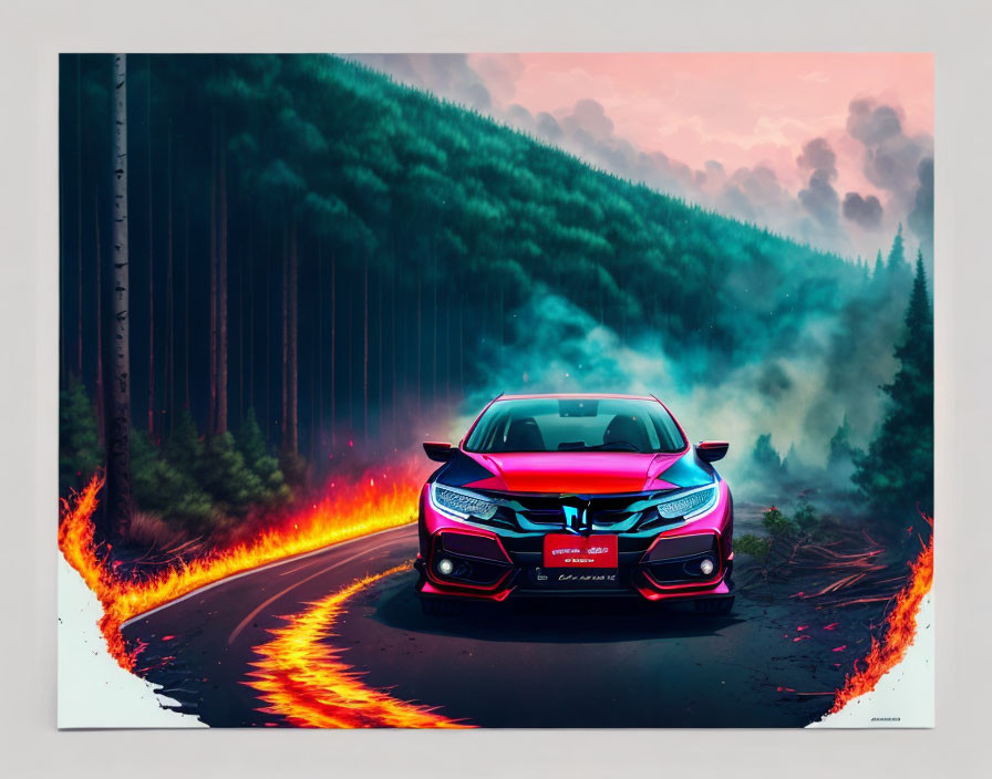 Vibrant artwork: car with flaming trails on forest road under pink haze.