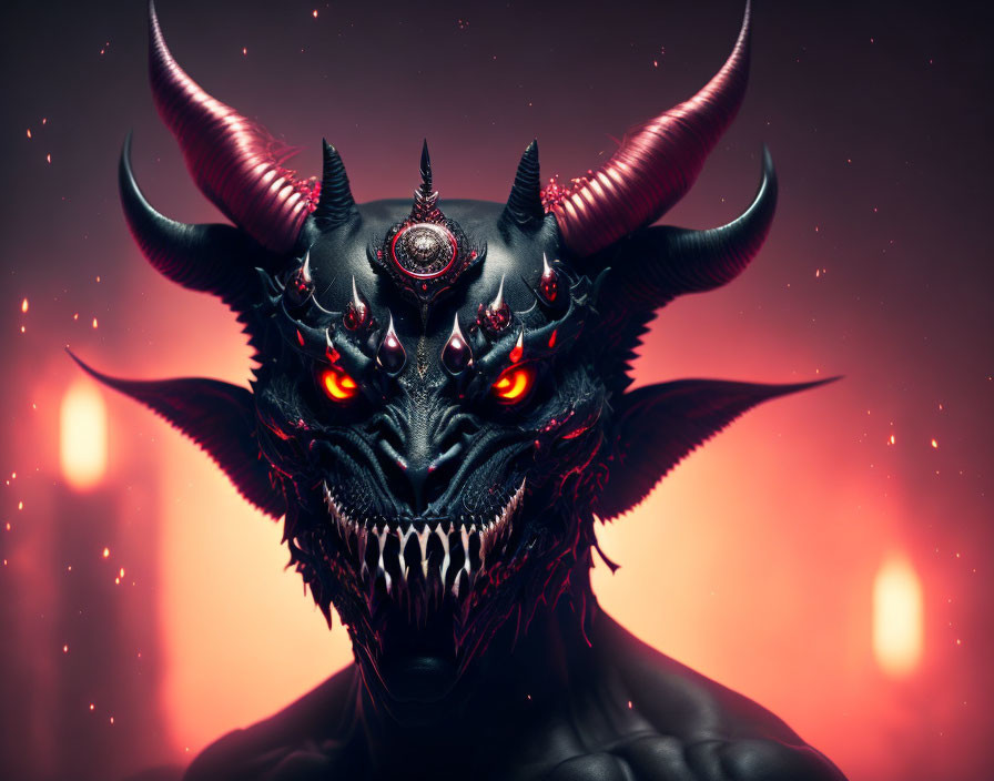 Sinister demon with red eyes, large horns, sharp teeth, and intricate facial ornamentation in dark