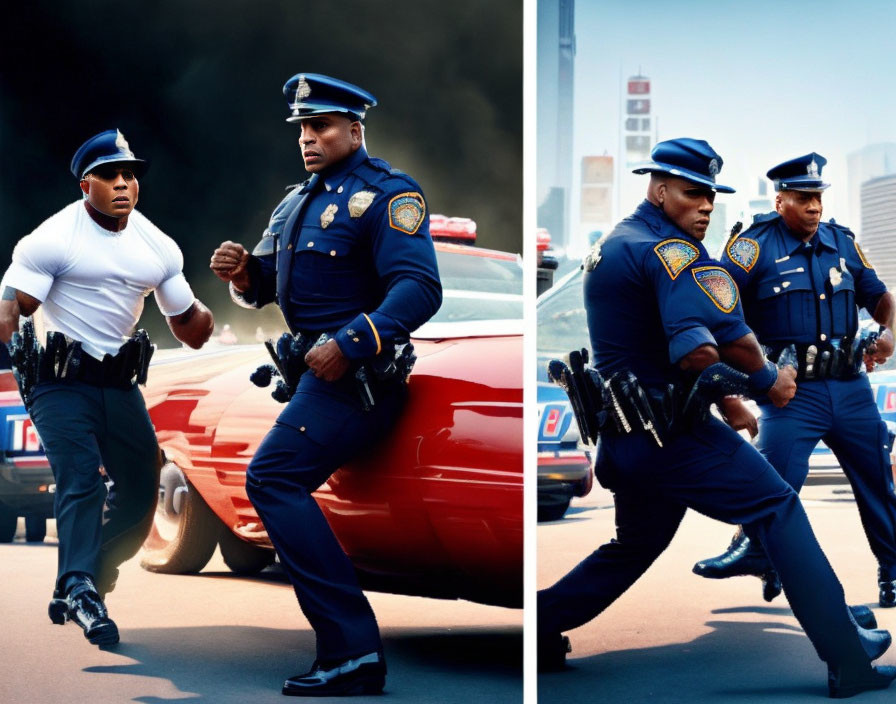 Two uniformed police officers running with patrol car and cityscape.