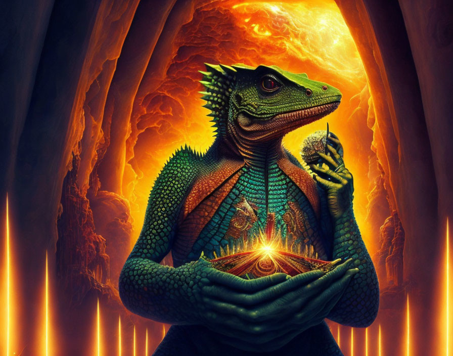 Vibrant green humanoid lizard creature with glowing orb in volcanic setting