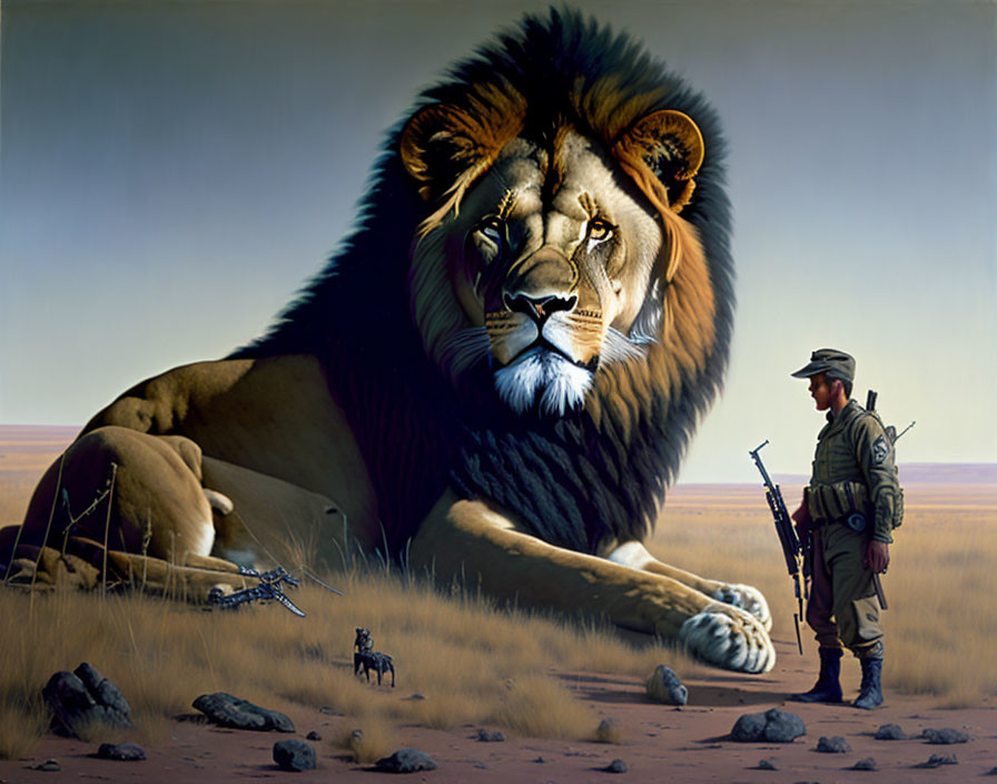 Soldier beside giant lion and antelope in desert landscape