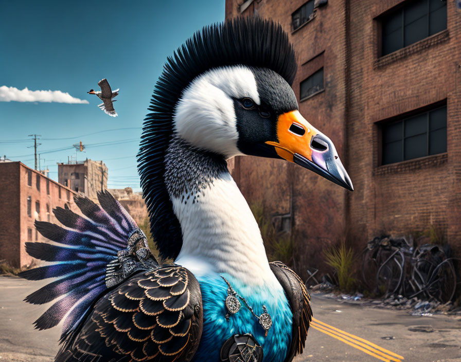 Vibrant giant bird in urban alley with paper plane flying