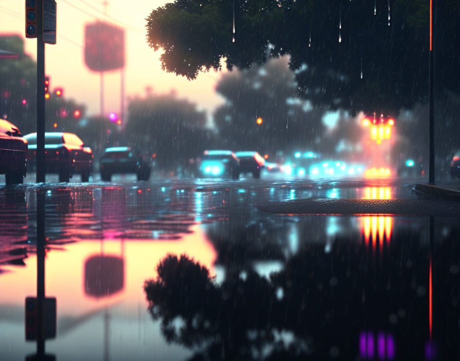 Rainy city street at twilight with glistening reflections of street lamps, car headlights, blurred traffic,