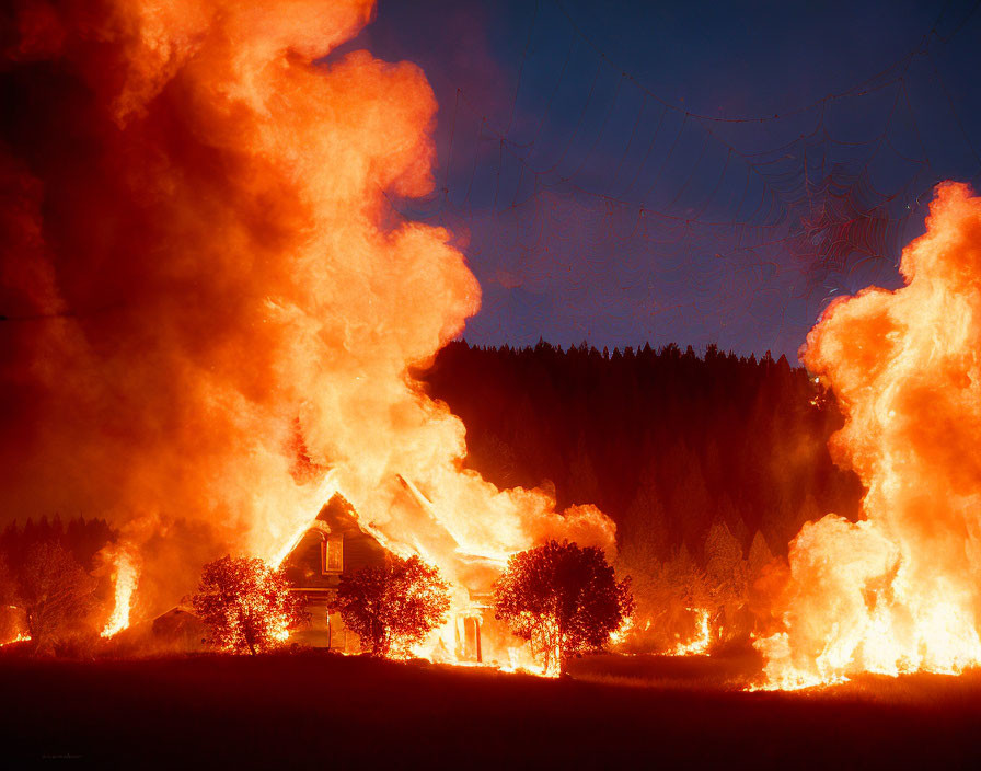 House on Fire Surrounded by Flames and Silhouetted Trees