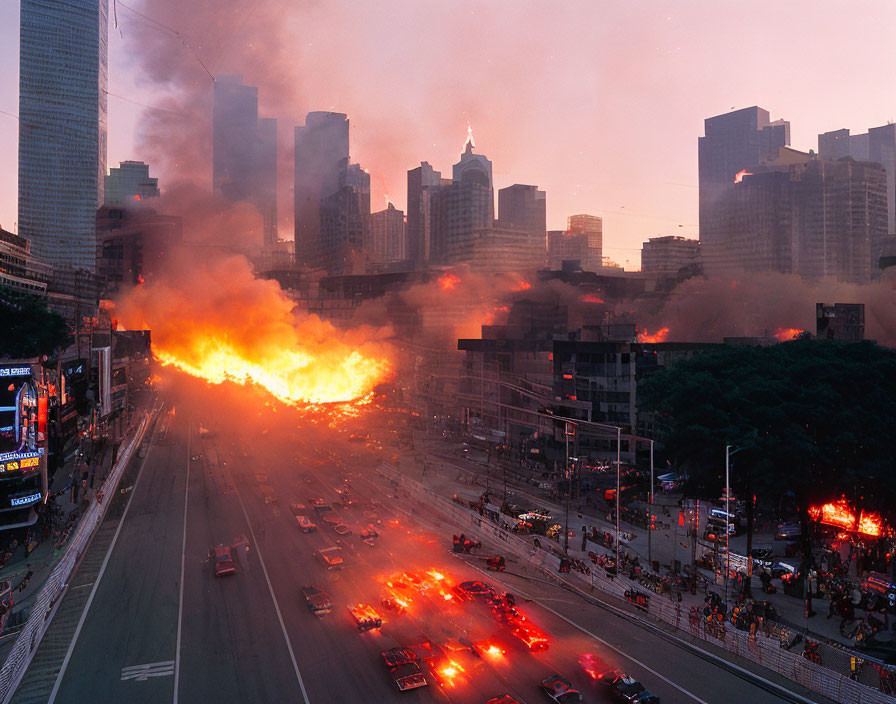 Massive fireball consumes city street at dusk