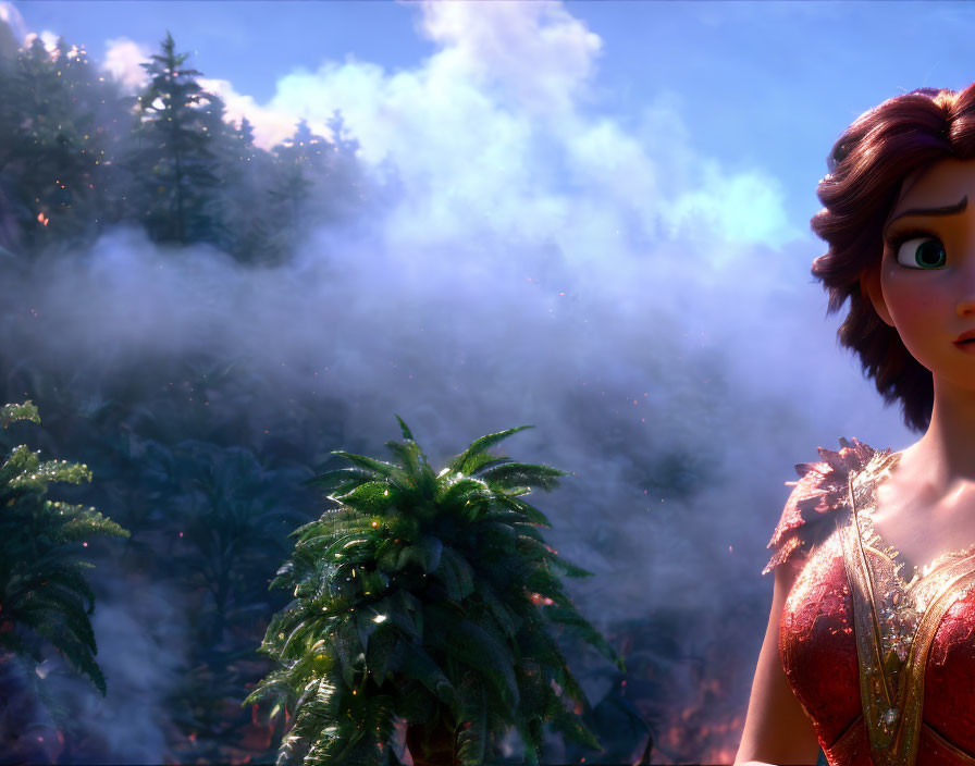 Short-haired animated female character in red outfit against misty forest.