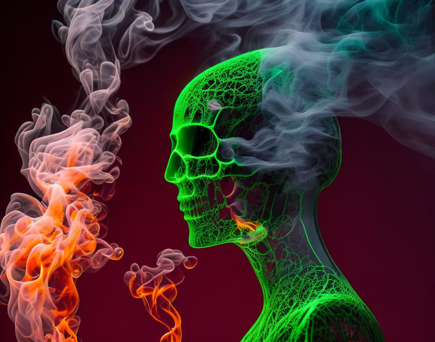 Neon green wireframe human skull with colorful smoke on dark background