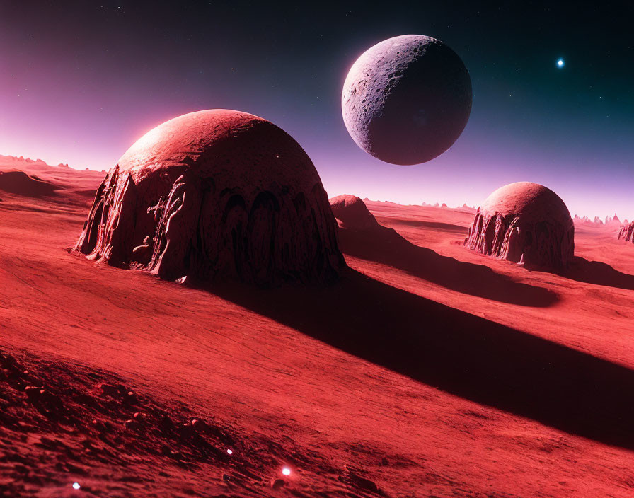 Alien landscape with dome-like structures, large moon, and starlit sky