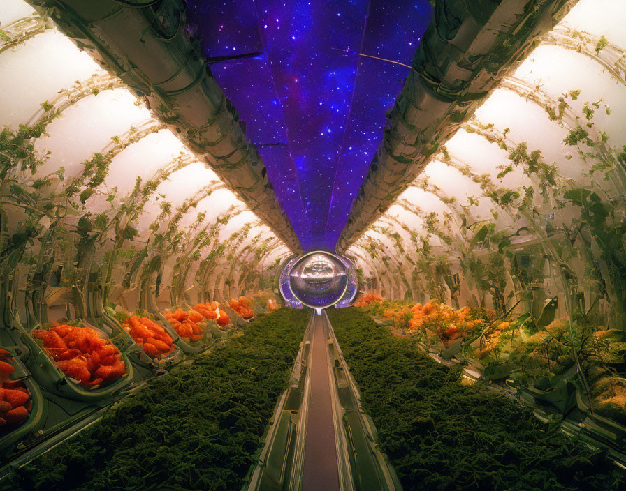 Futuristic greenhouse with lush plants under starry sky dome