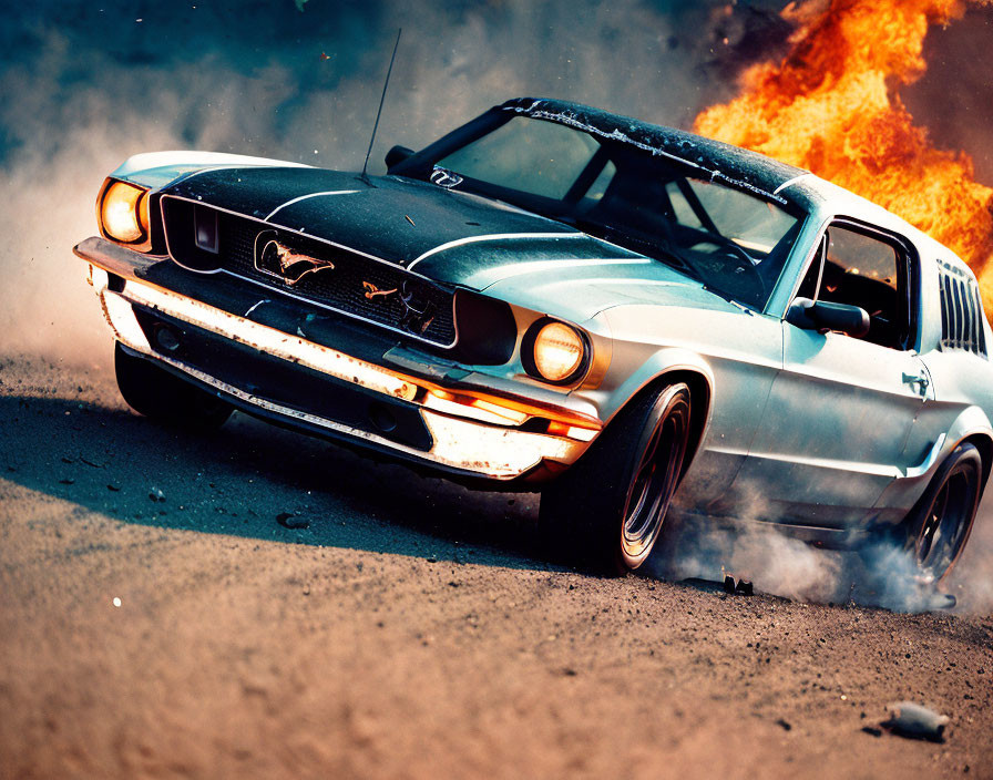 Vintage Mustang Car in Motion with Spinning Wheels and Flames Background