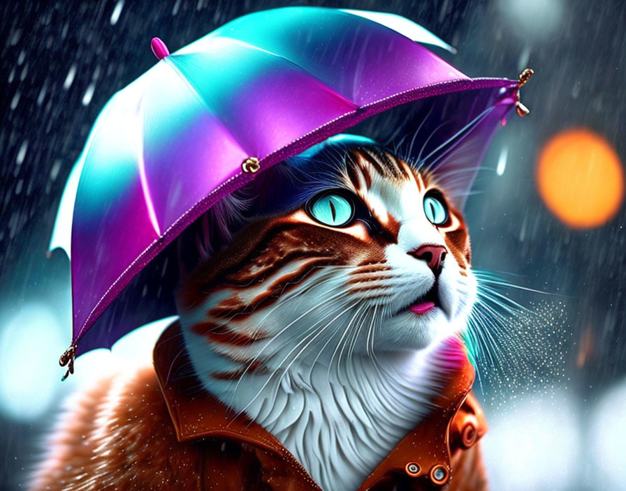 Tabby cat in purple hat and orange jacket under colorful umbrella with snowflakes.