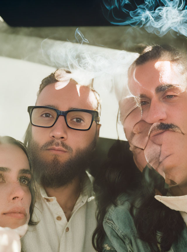 Group of Four Individuals with Glasses and Smoke, Sunflare Above Heads