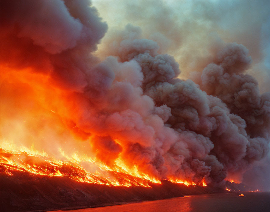 Intense Red and Orange Flames in Catastrophic Wildfire Scene